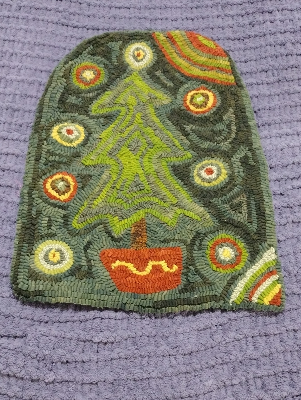 Primitive Green Tree Hooked Door Mat with Orange and Yellow Accents